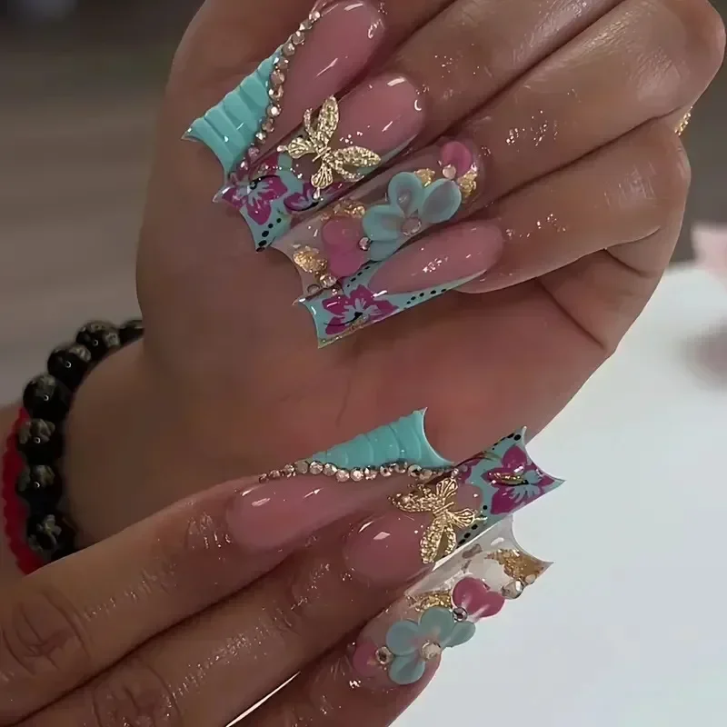 24Pcs Brown Long Coffin False Nails Glitter Ballet Wearable with French Design Fake nails Full Press on Nail Ins Nail Tips Art