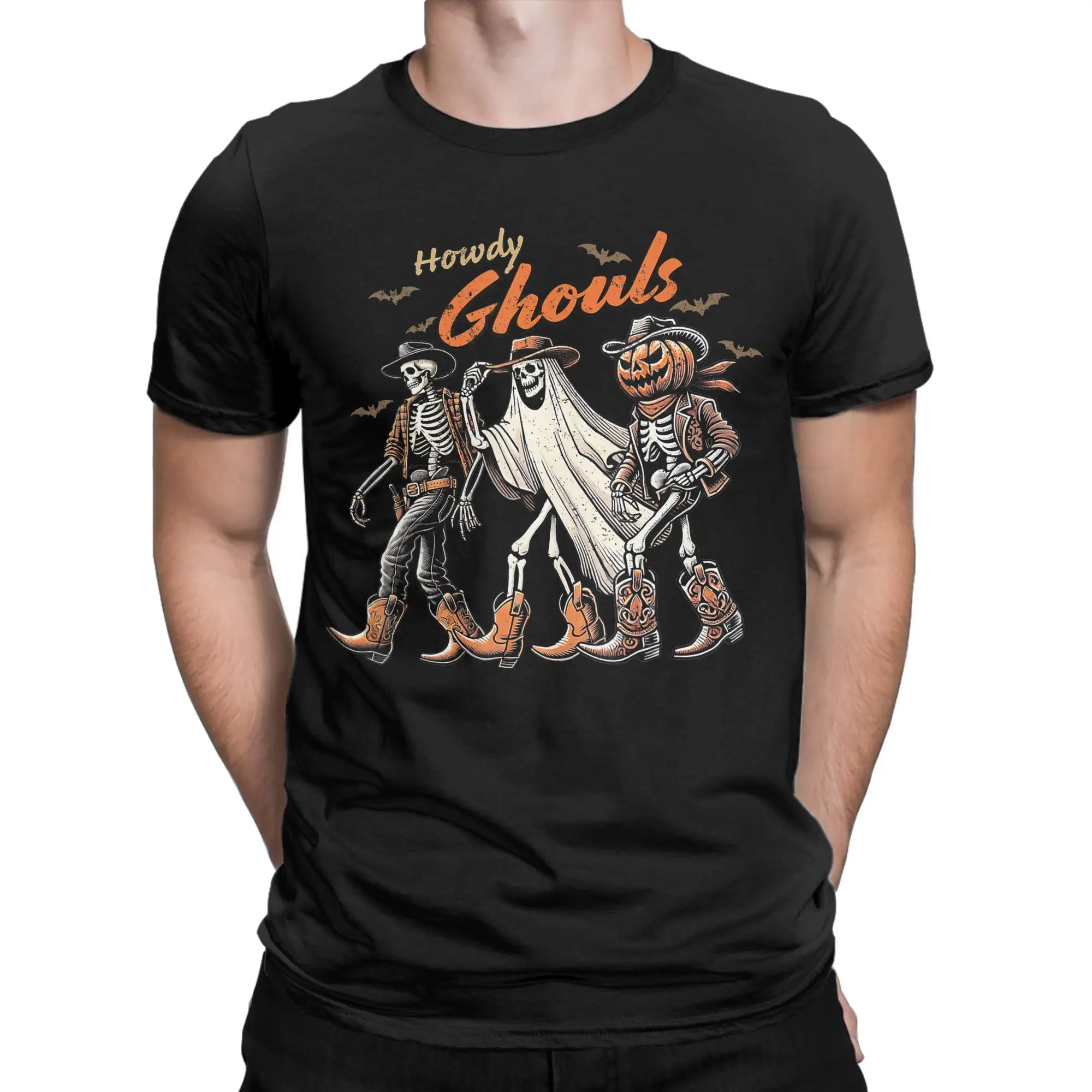 Retro Howdy Ghouls Skeleton T-Shirt Men Women Round Collar 100% Cotton T Shirt Cowboy Western Rodeo Halloween Tees Plus Size Top