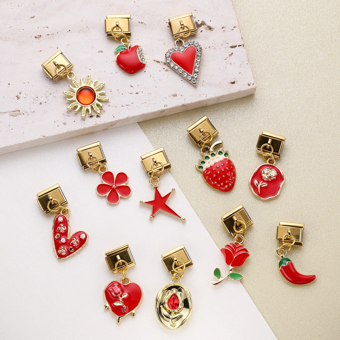 Colgantes de flor y estrella de corazón de Color rojo, aptos para módulo de encanto italiano de 9mm, pulsera de acero inoxidable para mujer y hombre, accesorios de fabricación DIY