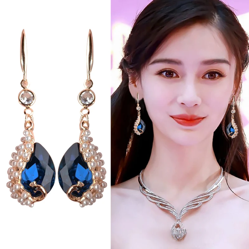 Peacock Earrings Blue Crystal Water Drop Earrings Wedding Pierced Dangle Earring Woman Fashion Jewelry Accessories