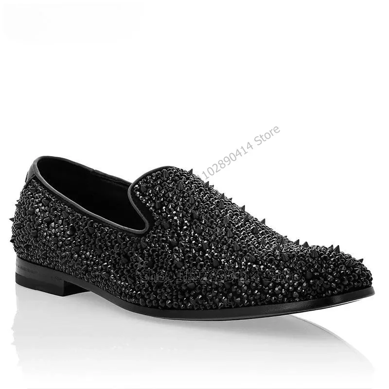 

Black Rivets Decor Square Toe Men Loafers Fashion Slip On Men Shoes Luxury Handmade Party Feast Banquet Office Men Dress Shoes