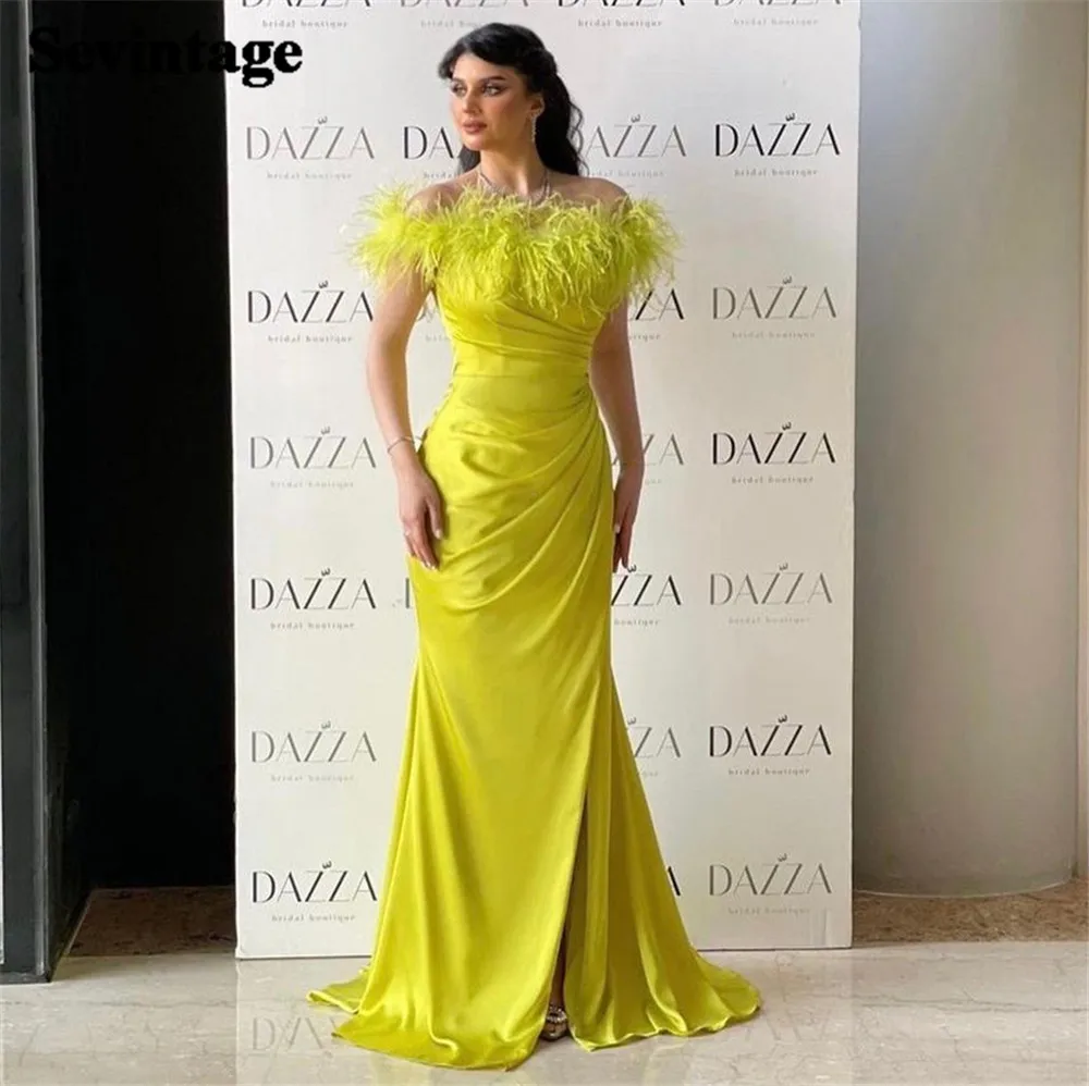 

Sevintage Lemon Yellow Saudi Arabic Evening Dress Boat Neck With Feathers Pleated Side Slit Women Party Gowns Formal Prom Dress