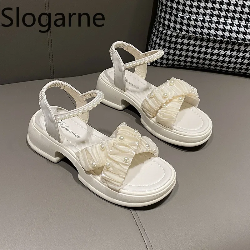 

Korea Sweet Fashion Summer Shoes Women 2026 New Pearl Elastic Band Sandals Soft Sole 5cm Wedges Shoes Girls Silk Slippers Pumps