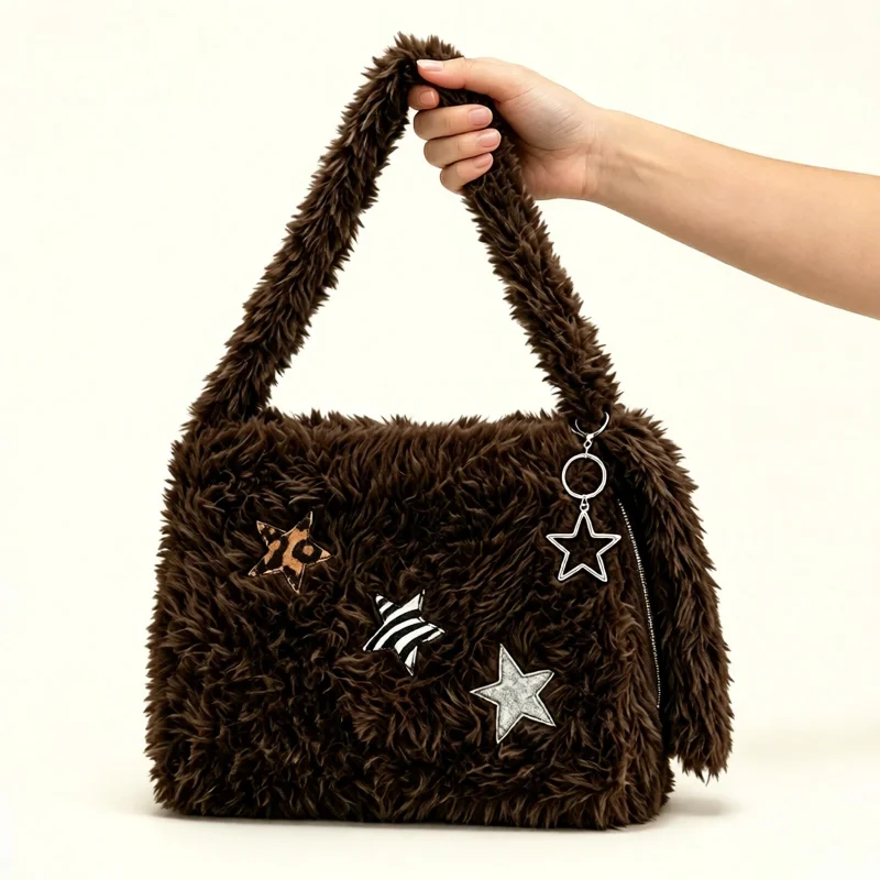 Large Capacity Plush Shoulder Bag Fashion Star Decor Soft Cute Tote Handbag Casual Vintage Shopper Bag Streetwear Travel Bag