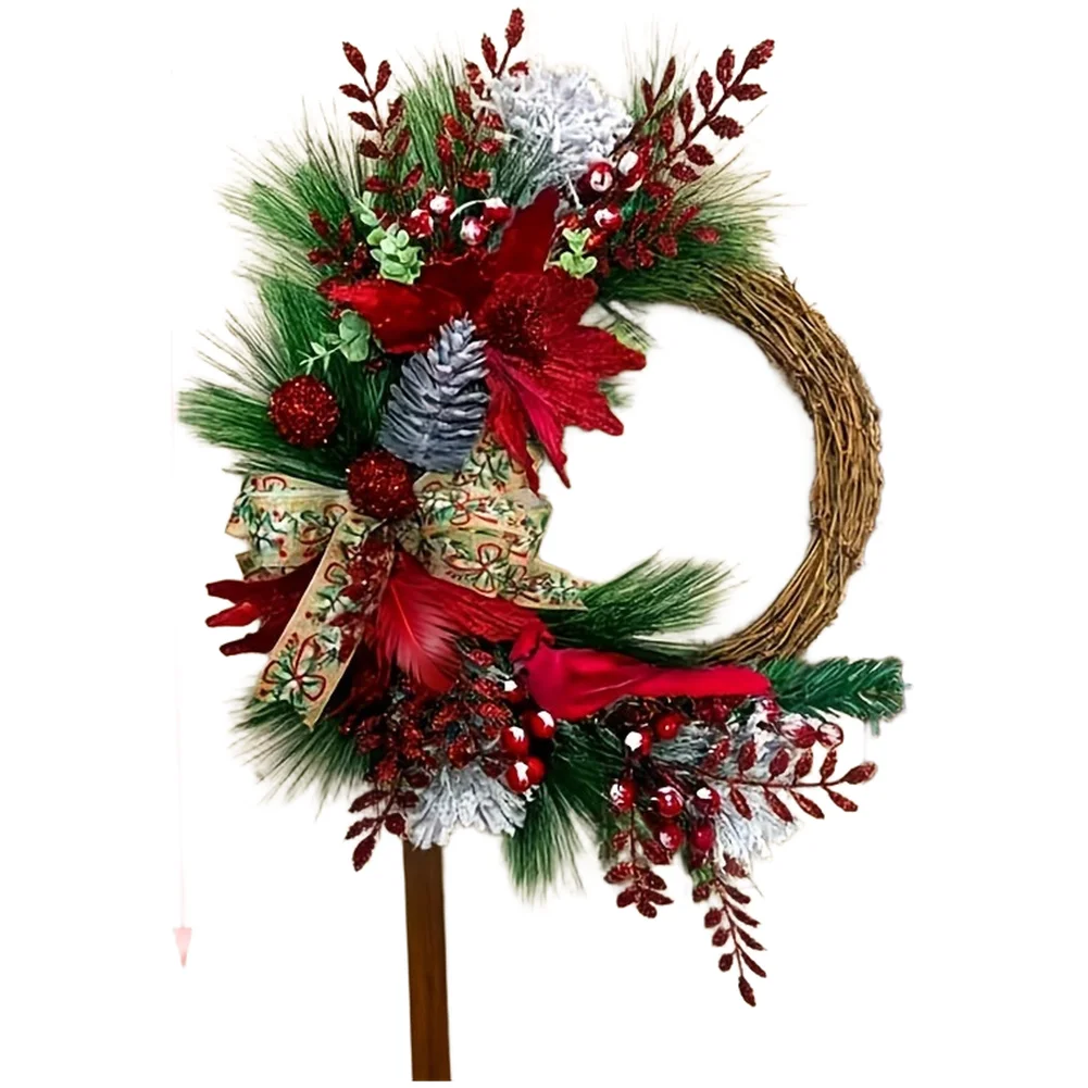 Red Bird Half Circle Wreath Handmade Vine Christmas Door Hanging Festive Holiday Wall Decor For Home Garden Decoration