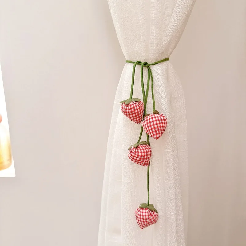 1/2pcs Cute Strawberry Curtain Tieback Plaid Fabric Curtain Holder Window Curtain Buckle Strap Home Decorative Curtain Tie Gift