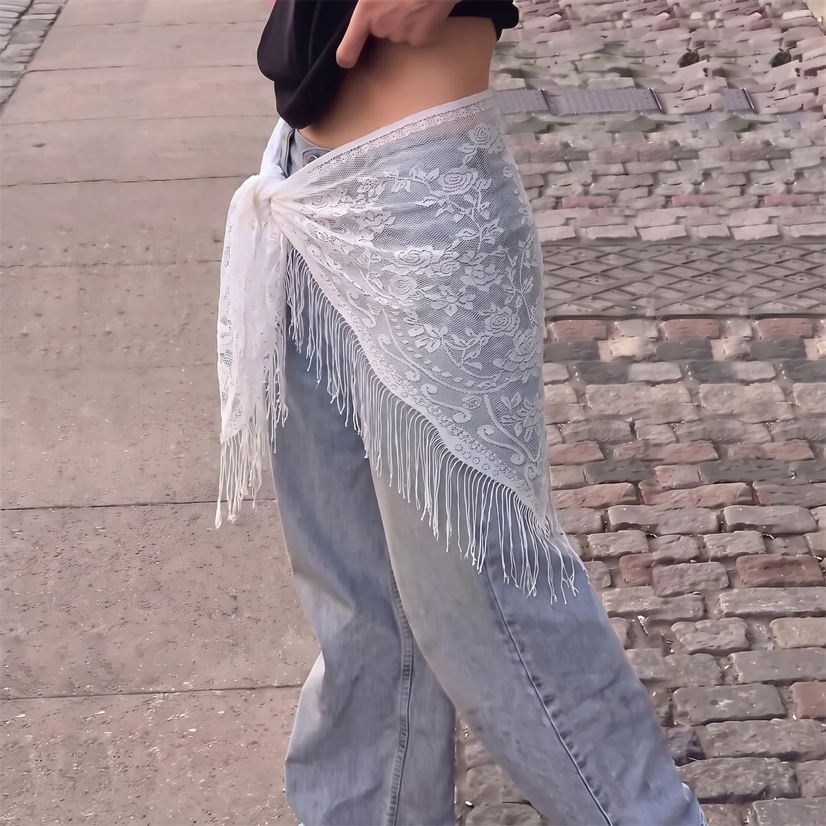 Women Polyester Tassel Lace Triangle Scarf Boho Multi Purpose Waist Wrap Sarong Lightweight Beach Cover Up Shawl Western