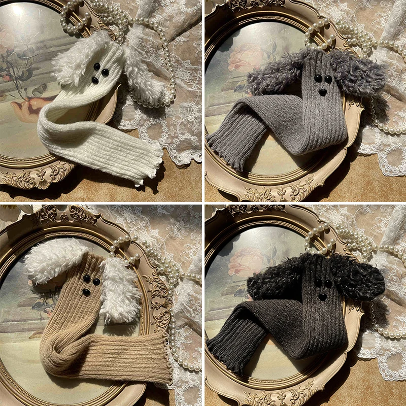 1Pair Cute Knitted Lolita Leg Warmers Long Cartoon Dog Ears  Socks Foot Leg Cover Cuff Fashion Winter Crochet Knitted Wool Cable