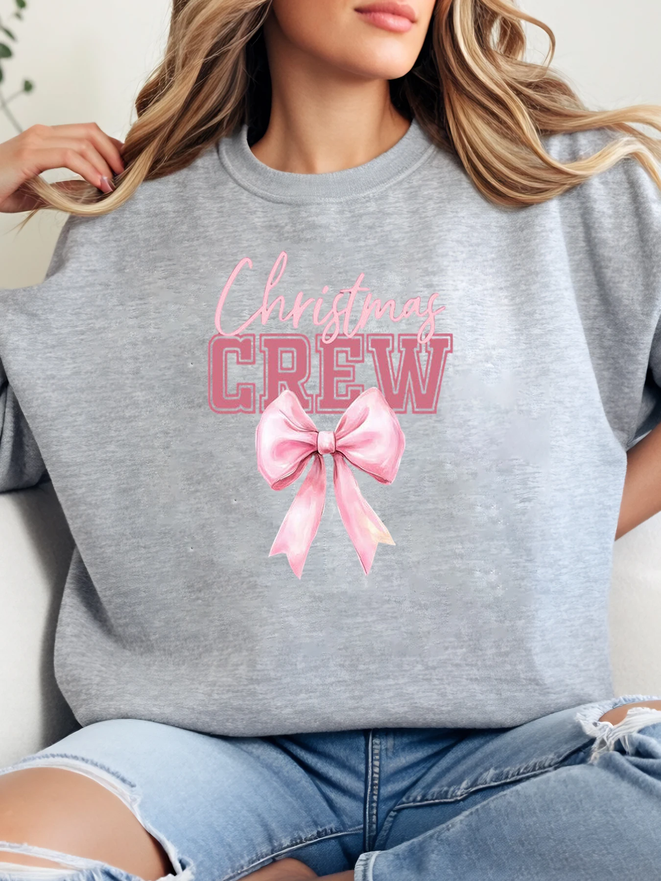 

Рождественский свитшот с розовым бантом и принтом, праздничная женская повседневная одежда, серый, больших размеров
