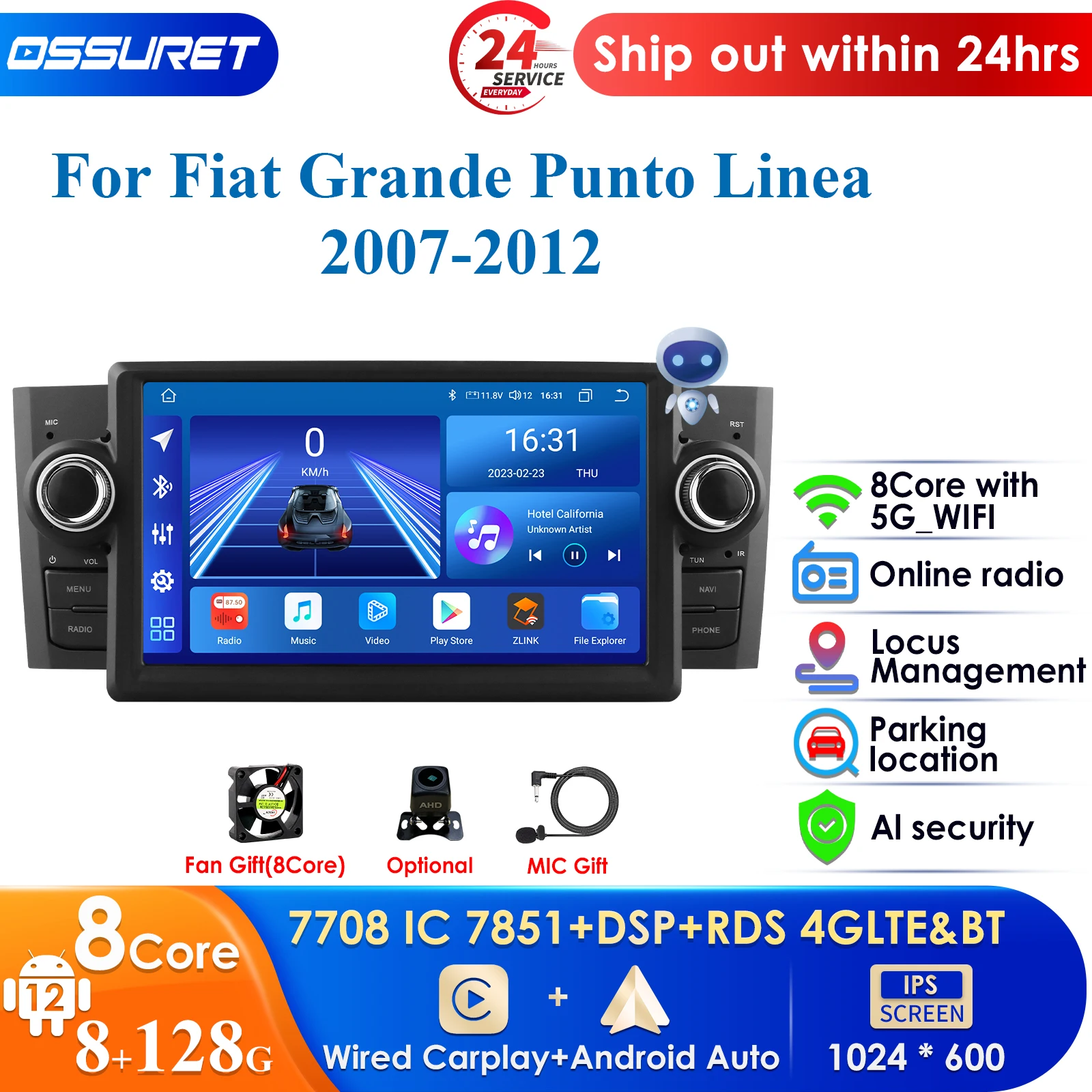 

4G 7'' AI Intelligent System Wireless CarPlay Android Auto Radio for FIAT Grande Punto Linea Car Multimedia GPS 2din Autoradio