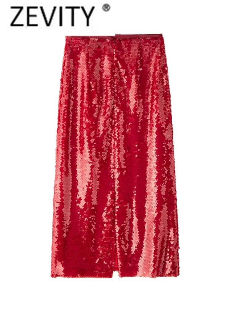 Zevity Women Fashion Red Sequined Embroidery Midi Skirt Faldas Mujer Female Chic Back Zipper Split Slim Brand Vestidos QUN7309