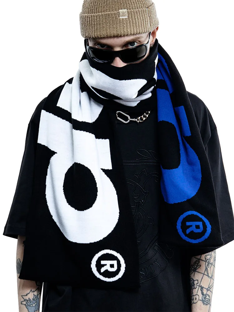 Men Scarf Winter Y2k Streetwear Knitted Letter Gothic Shawl Scarves Black Korean Fashion Hip Hop Vintage Warm Unisex Accessories