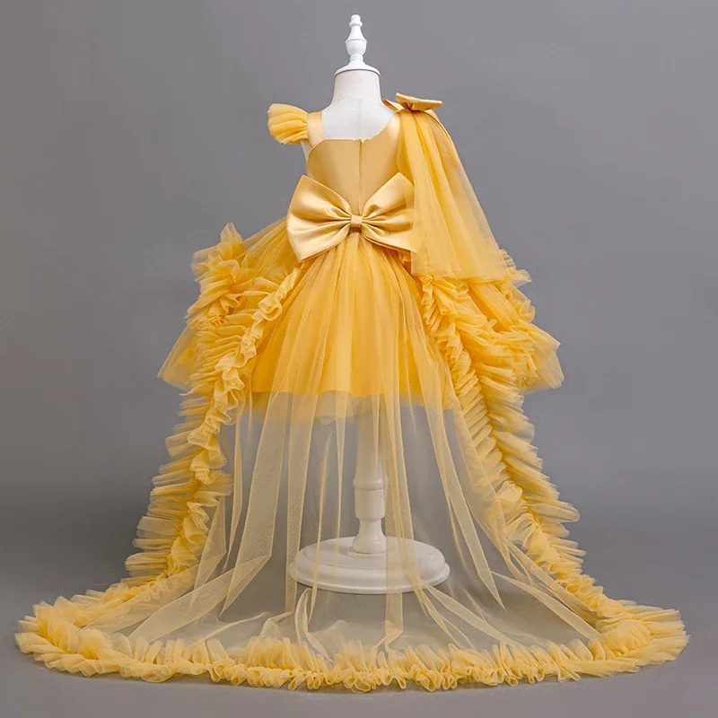 Girls Asymmetric Ruffled Tulle Gown With Bow And Sequin Belt Perfect For Flower Girl Train Dresses Birthday Celebrations Piano P