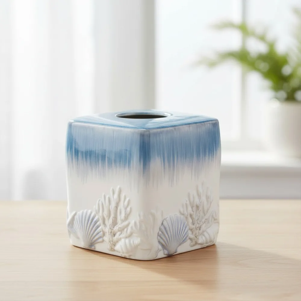 

Ceramic Tissue Box Cover, Beach Inspired Bathroom Decor, Coastal Abstract Design for Home Accessories