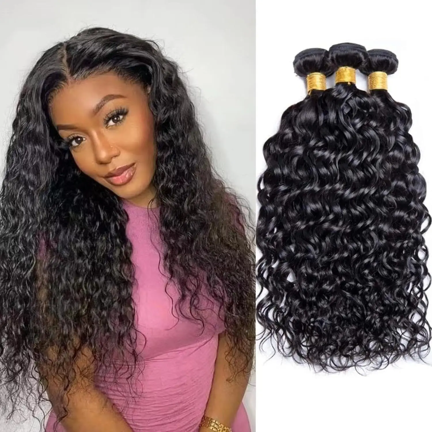 

Water Wave Bundles 10A Brazilian 100% Unprocessed Human Hair 4 Bundles Extensions Double Weft Natural Color for Black Women