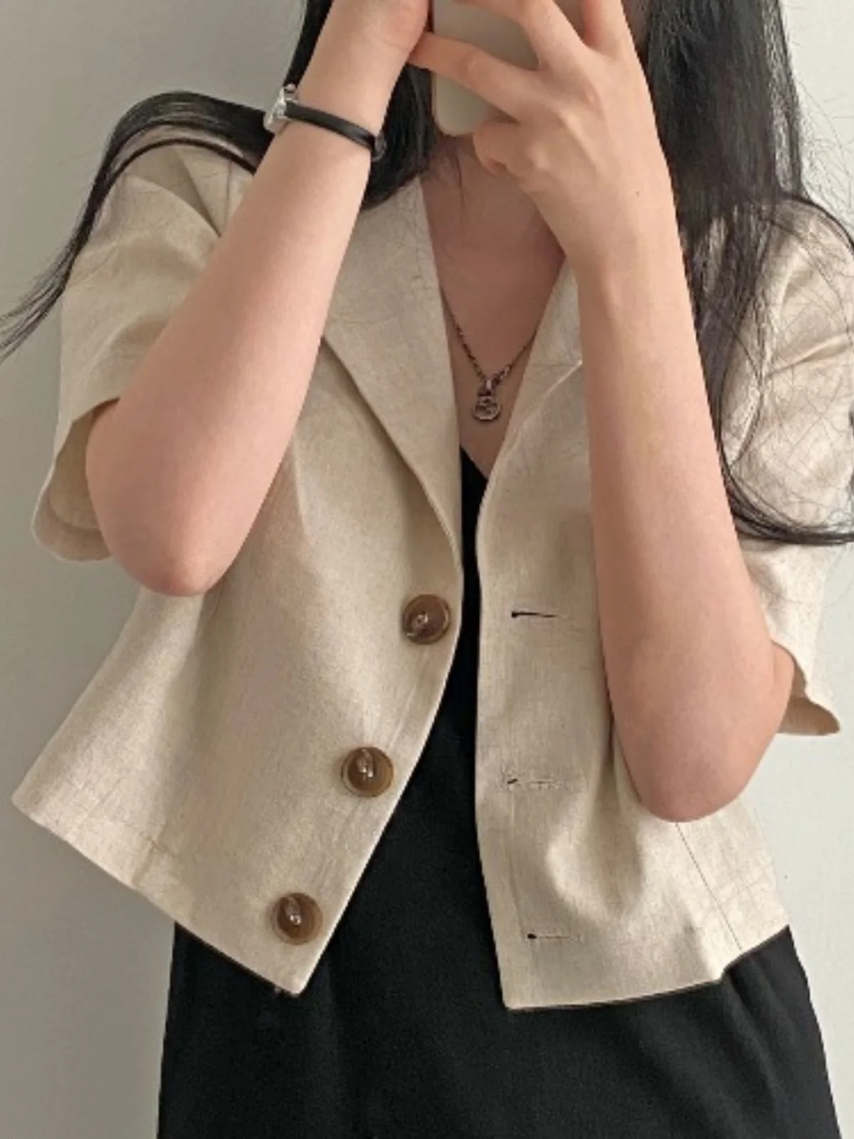 

Chic Cotton Linen Suit Jaet Women's Loose Straight Tube Button Thin ort Sve Top Trendy Versatile Summer Faion