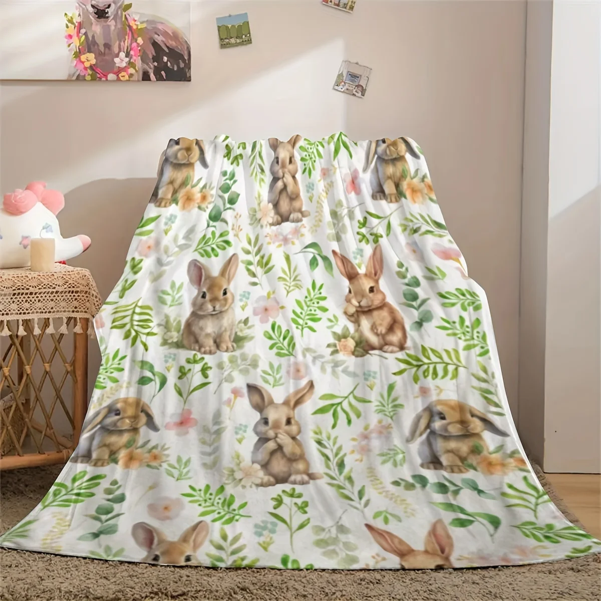 

VIKAMA Bunny Themed Throw Blanket, Watercolor Rabbit Floral Print Soft Flannel Blanket for Spring Gift Nursery Decor