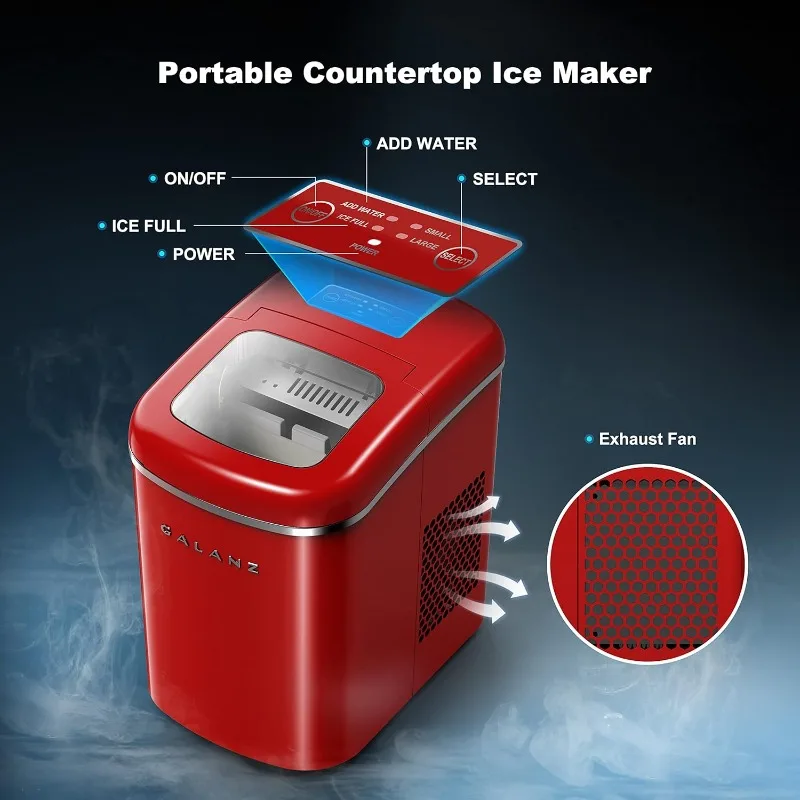 Galanz Portable Countertop Electric Ice Maker Machine, 26 lbs in 24 Hours, 9 Bullet Shaped Cubes Ready in 9 Minutes, 2 Ice Sizes