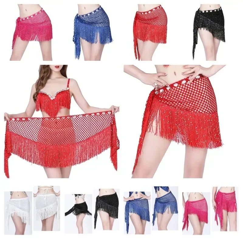 Belly Dance Hip Scarf Glitter Fringe Triangle Wrap Belt Sparkle Skirt Dance wear for Women Outfit Accessory with Tassel Sequins