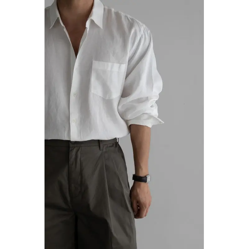 Linen Long Sleeve Shirt Men's Loose Breathable Cool Feeling Summer Outerwear British Retro Style Casual Collar Open Cardigan