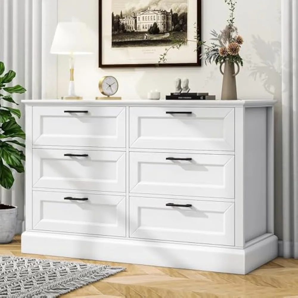 White 6 Drawer Dresser for Bedroom, Modern Chest of Drawers with Deep Drawers, Wood Double Dresser for Storage Clothes