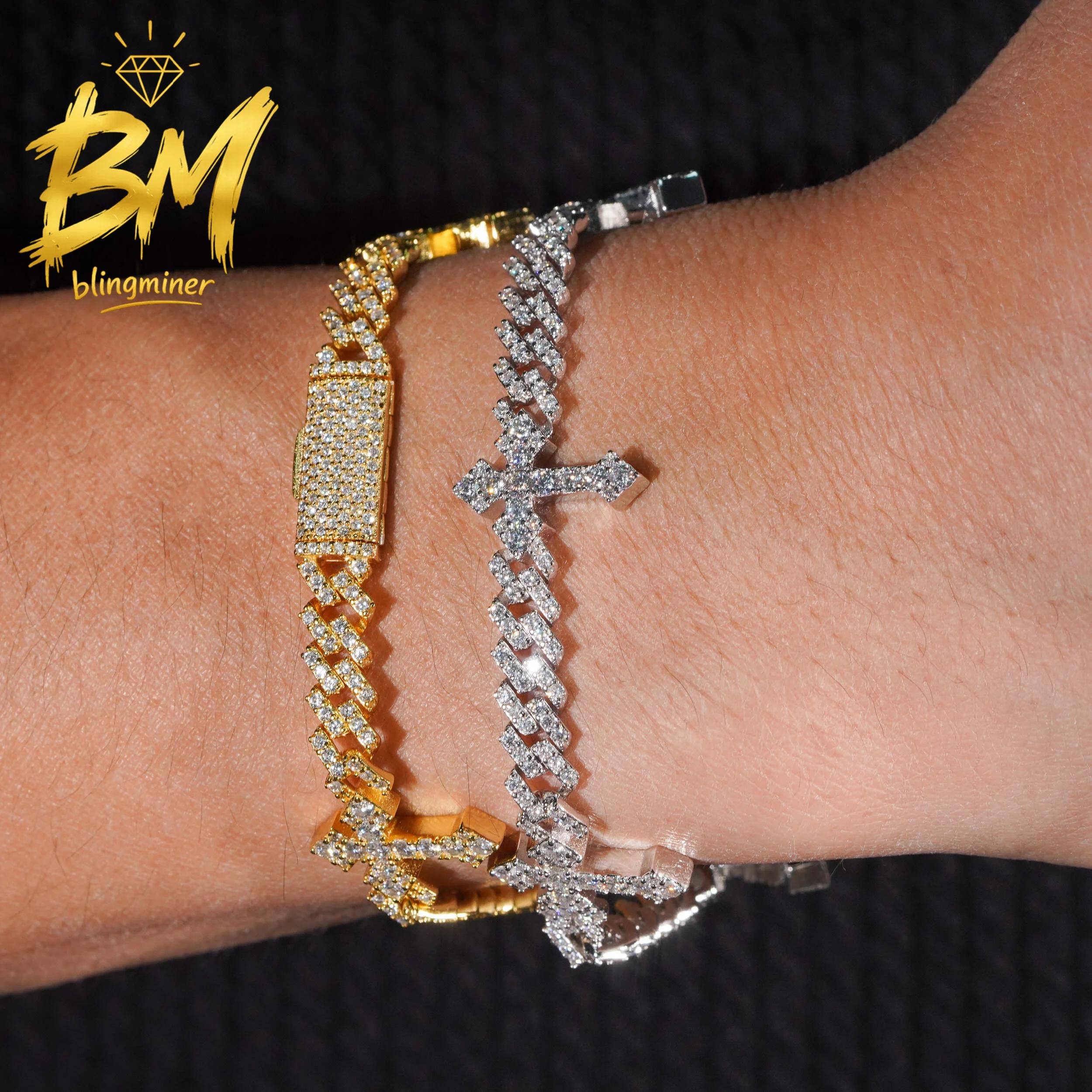Blingminer 6mm Hip Hop Cross VVS Moissanite Cuban Link Bracelet Iced Out For Men Women S925 Silver Jewelry Pass Diamonds Tester
