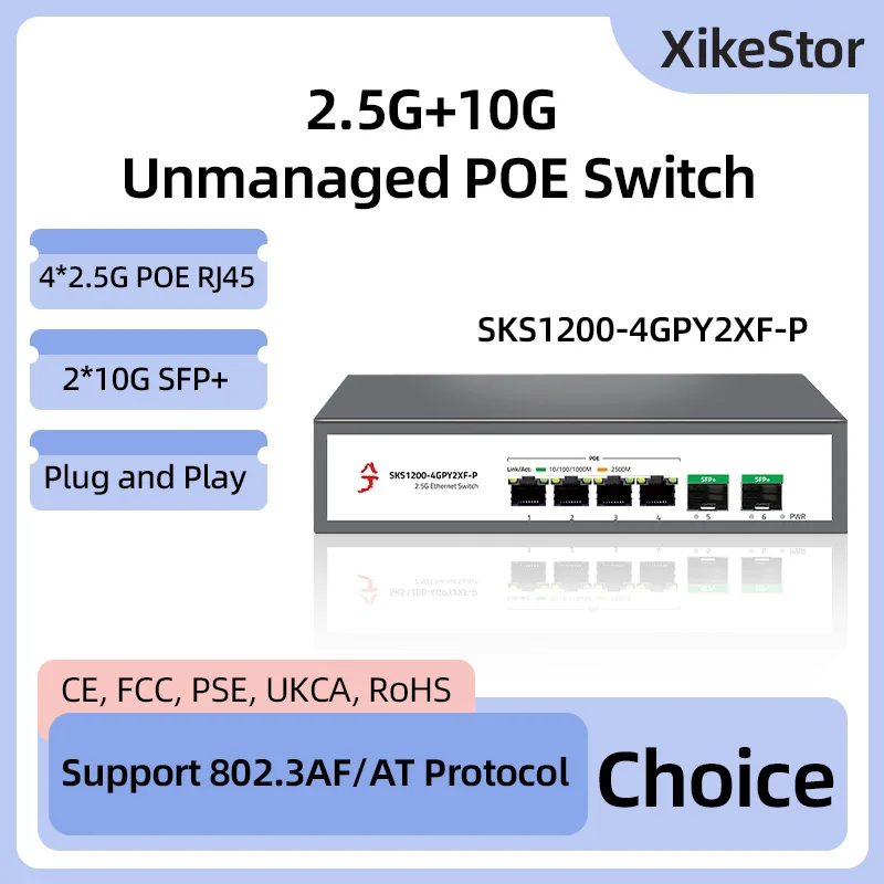 XikeStor 2*10Gbe SFP+ Uplink 4 Ports RJ45 2.5G POE Unmanaged Network Ethernet New