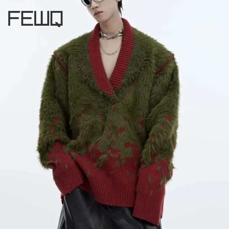 FEWQ Autumn Winter New Men's Sweater Gradient Green V-neck Knitted Imitation Mink Fur Pullover Contrast Color Tops