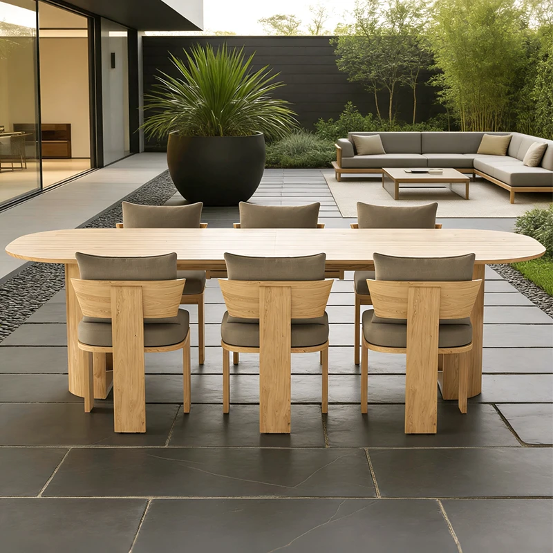 #Courtyard Garden Outdoor Teak Tables And Chairs Villa Patio Waterproof Wooden Furniture Resorts Restaurant Leisure Long Table