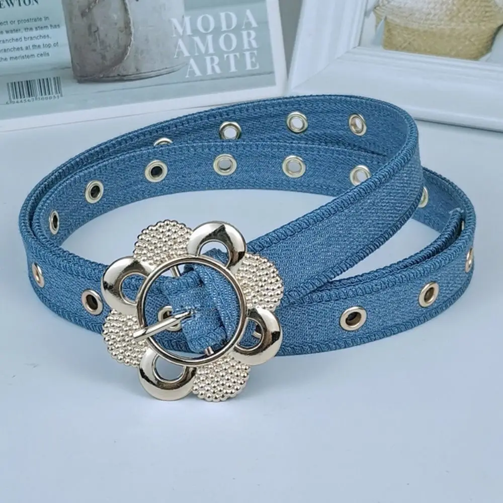 Fashion Slim Fit Denim Waist Belt Hollow Flower Design Metal Buckle Fashion Belt Adjustable Decorative Waist Strap For Women