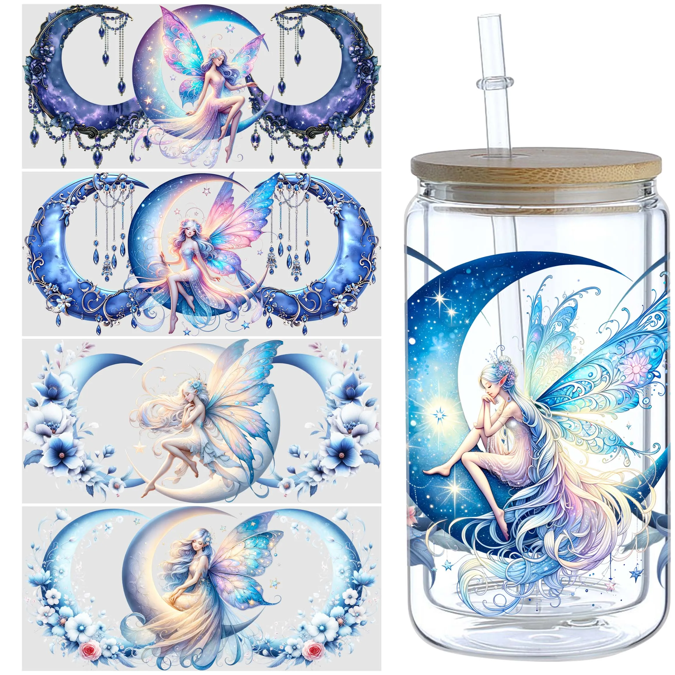 

5 Sheets Moon Fairy UV DTF Cup Stickers, Waterproof Magic Moon Fairy Wipeable Transfer Paper for 16 Ounces Glass Cups