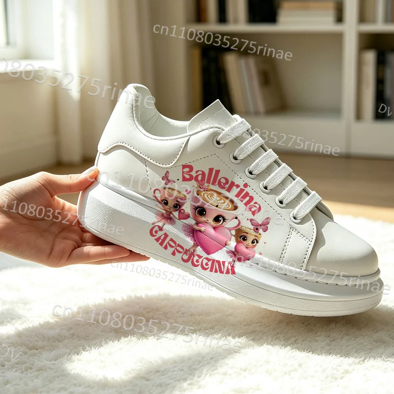 Ballerina Capuchina Cute Cartoon Print Women White Platform Sneakers Lace Up Casual Shoes High Quality Shoes Gift