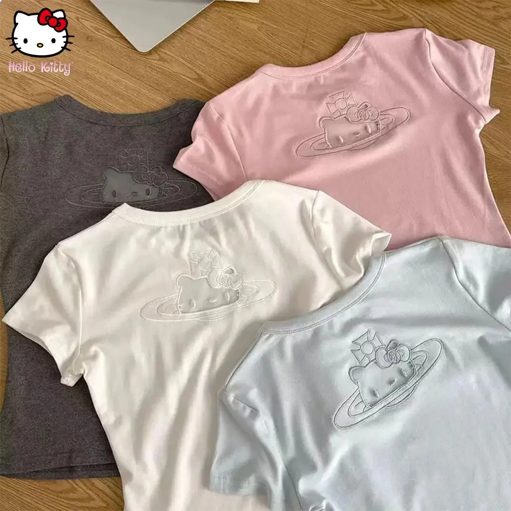 

Женская хлопковая футболка Kawaii Anime Sanrio Sanrio Hello Kitty с короткими рукавами и рисунком Kawaii, летняя футболка с допамином для девочек, топы