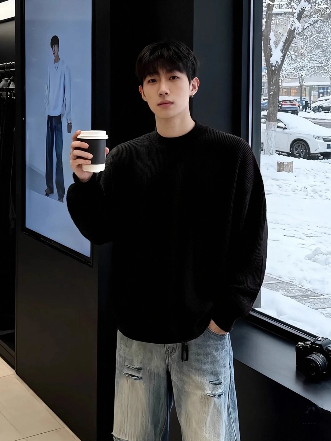 

Men's Bla round Ne Fce Lined Thiened Knitted Sweater Winter Warm Inner Wear American Sle Casual Long Sve Top