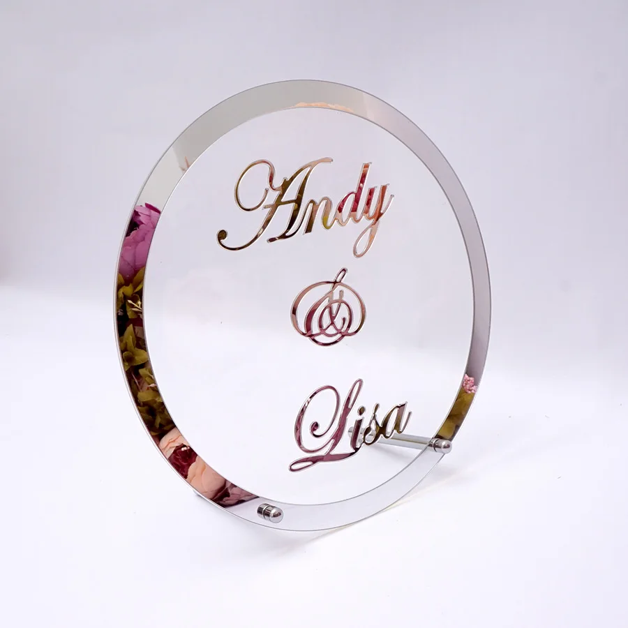 

Custom Acrylic Mirror Wedding Welcome Sign Personalized Couple Name Word Sign Round Frame Party Decor With Nail Standing Frame