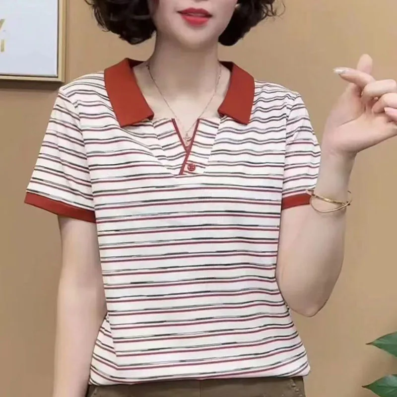 

Fashion Lapel Spliced Striped Polo Shirts Women's Clothing Summer New Loose Short Sleeve Casual Tops Commuter Tee Shirt
