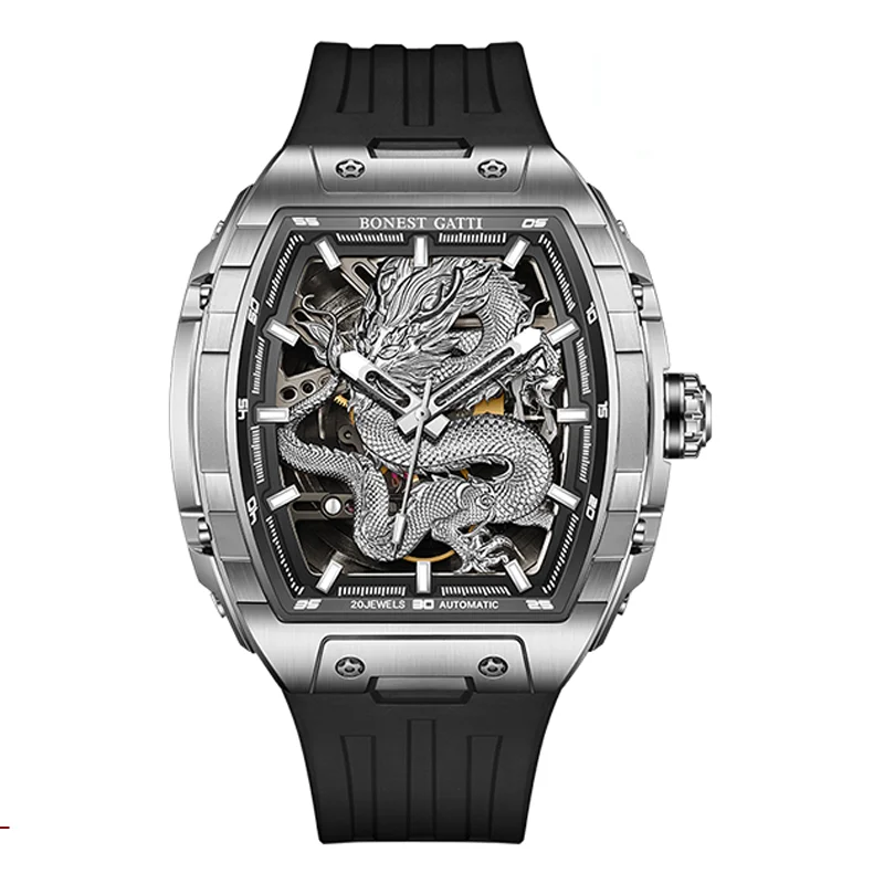 BONEST GATTI Men Automatic Watch 43*50mm Tonneau Mechanical Wristwatch Sapphire Luminous Dragon Dial Fluororubber Strap
