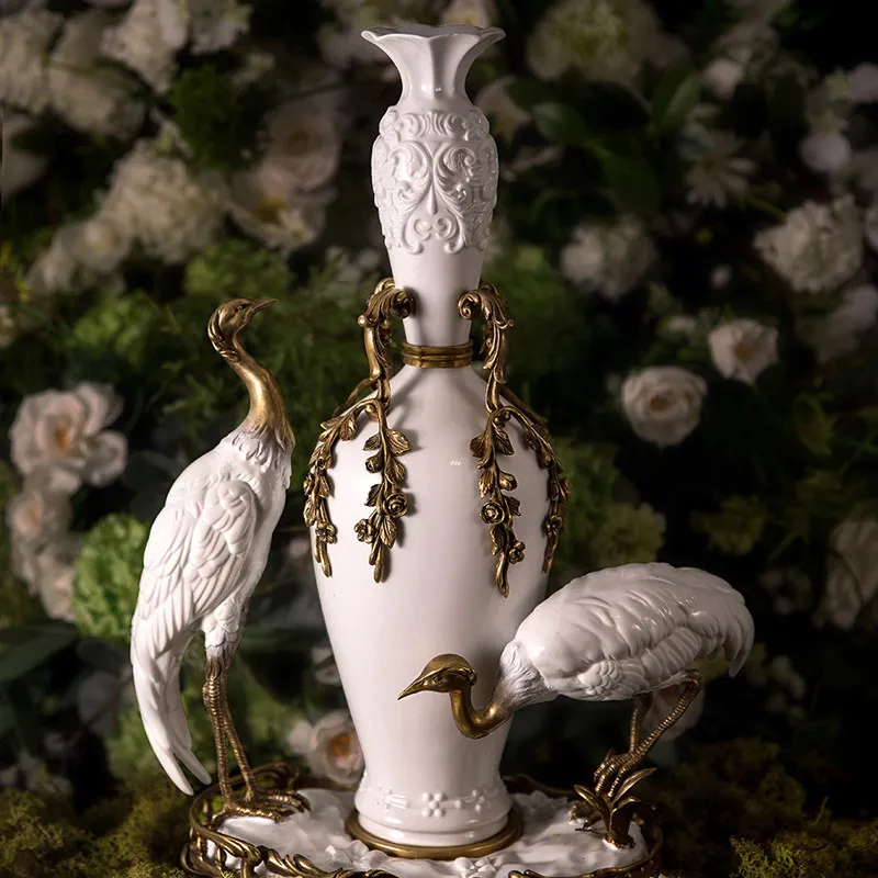 YJQ French-European luxury elegant copper paired with ceramic double crane carved narrow-mouth vase decorative flower vessel