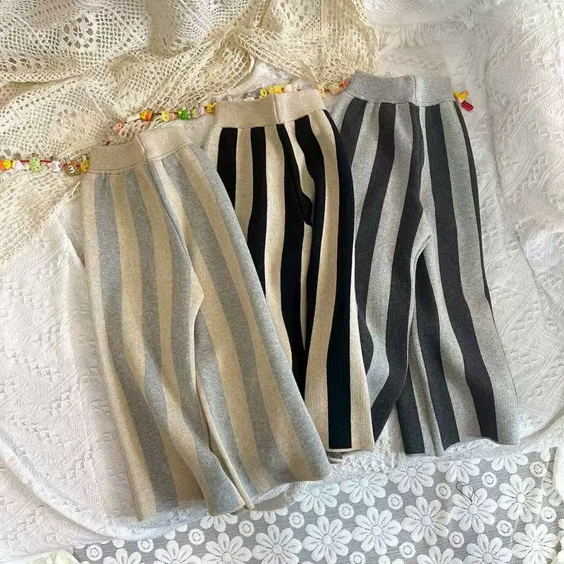 

Children's Knitted Wide Leg Pants For Girls In Autumn And Winter Fashionable Thick Straight Casual Striped Cropped Leg Pants