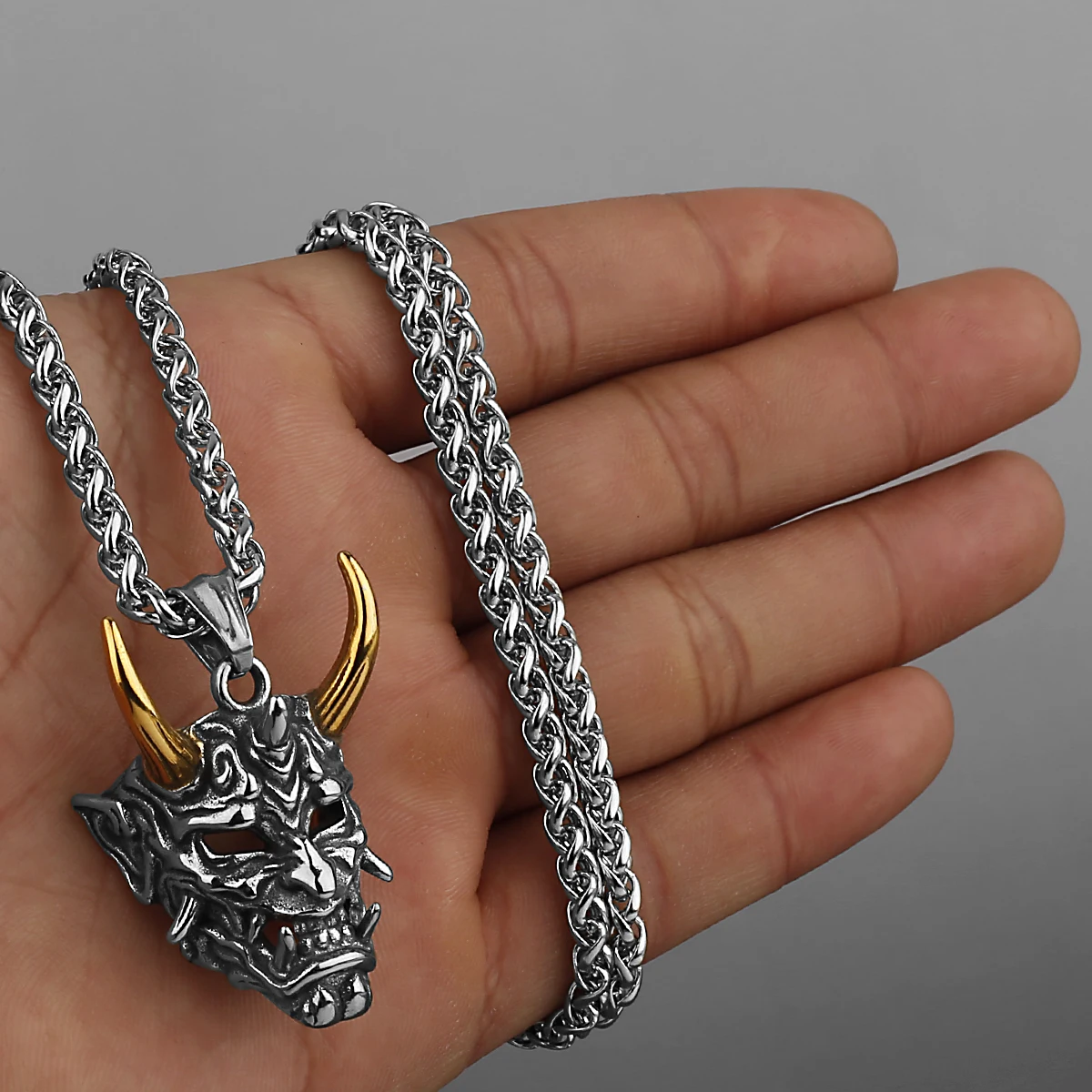Vintage Samurai Mask Demon Skull Pendant Necklace Men's Mixed Gold Color Horn Accessories Biker Punk Hip Hop Necklace view 5