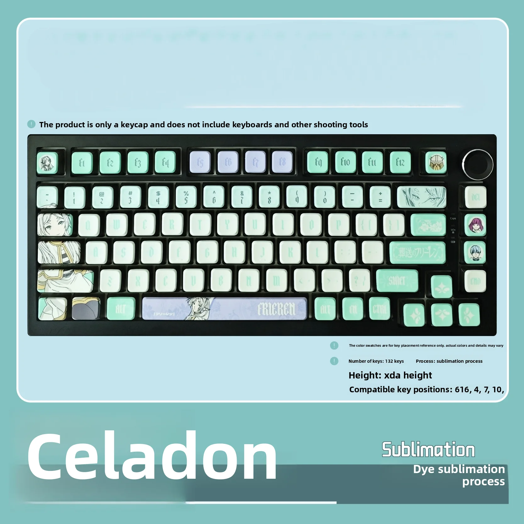 Frieren Theme Celadon Dye-Sublimation PC Keycaps XDA Profile 132 Keys Full Set for Mechanical Keyboards
