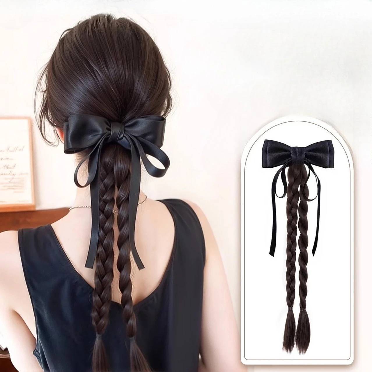 

40cm Double Twist Braid Sweet Bowknot Ponytail Clip Lolita Girl Natural College Style Bow Tie Rubbe Bands Ponytail Wig Head Rope