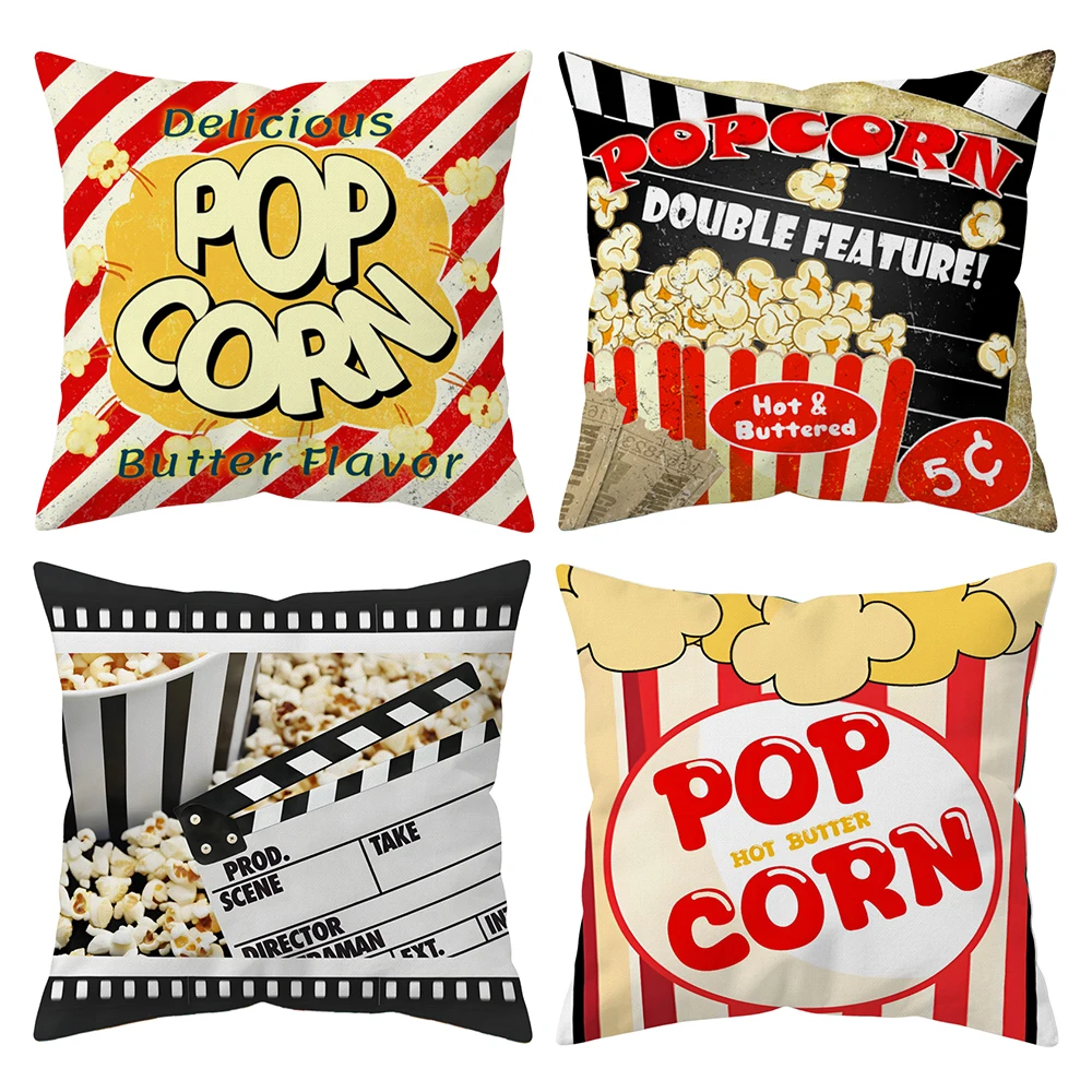 

Movie Popcorn Decorative Pillow Covers 18x18 Inch, Set of 4 Vintage Cinema Style White Linen Cushion Case for Home Theater Decor