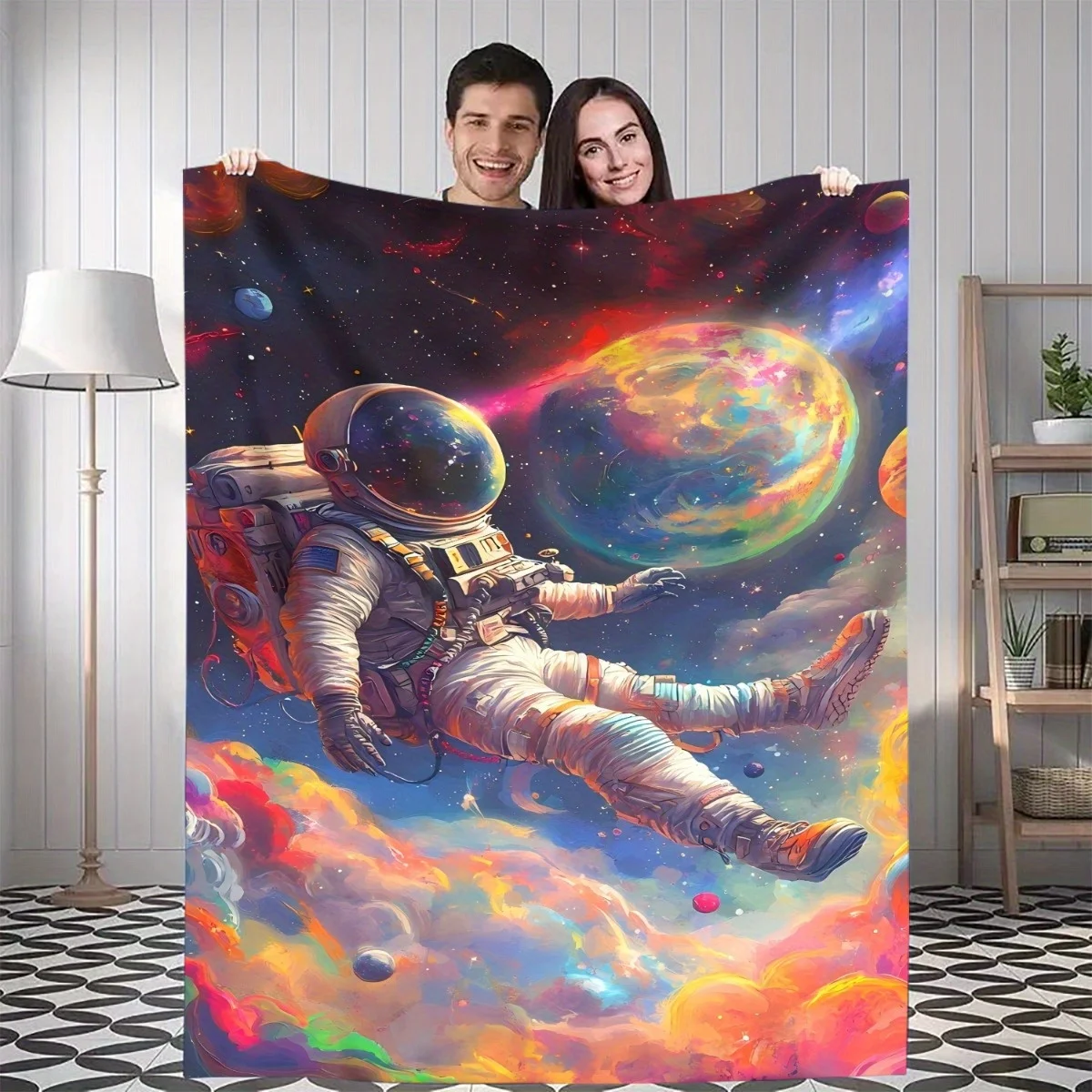 1pc Space Astronaut Throw Blanket - Soft Flannel All-Season Warmth, Cosmic Space Walk Design with Planets & Stars - Lightweight