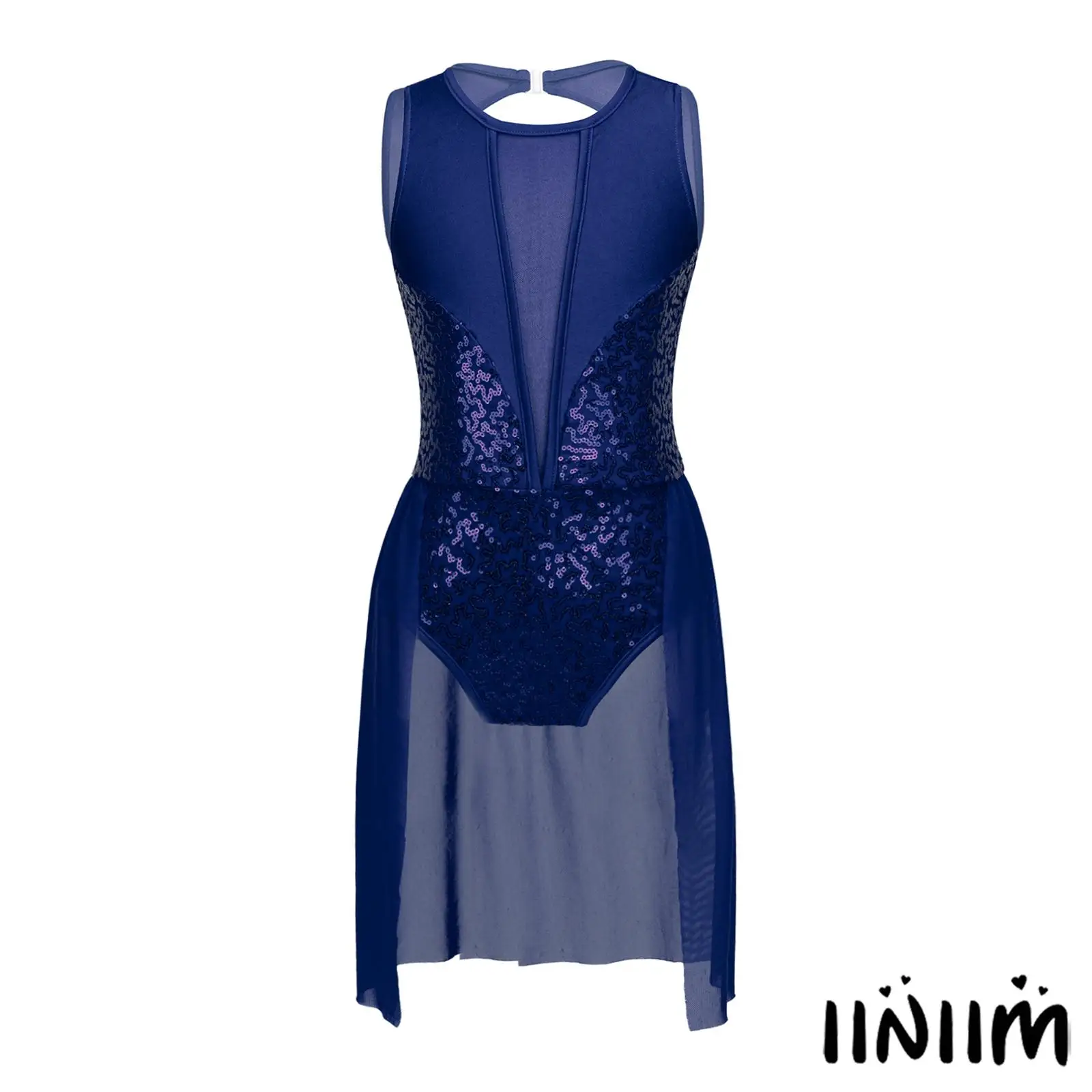 

Sparkly Mesh Lyrical Dance Leotard for Girls Sleeveless Round Neck with Sequin Hem Back Cutout Gymnastic Performance Wear