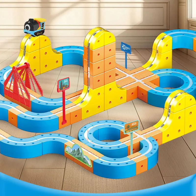 子供向け組み立てマジックトラックカーレースランウェイSTEM教育用電車レールキューブ磁気おもちゃセット電動カーDIYビルディングブロック