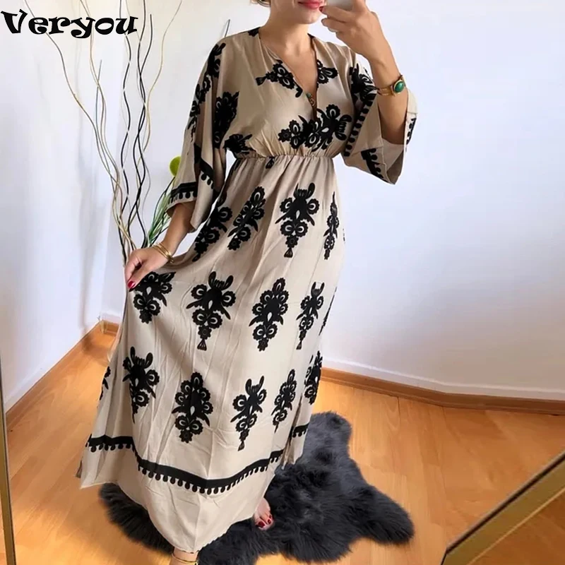Vintage Dresses Woman Summer V Neck A-Line Long Dress Women Casual Printed Beach Holiday Dress Boho Party Dresses