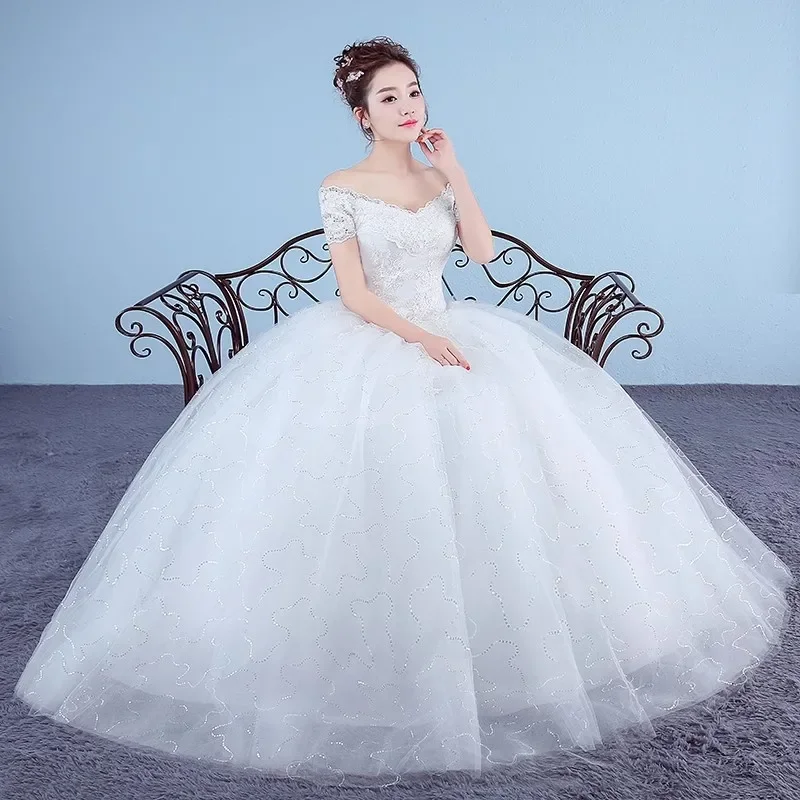 Cheap Cheap Wedding Dress White Off the Shoulder Embroidery Sequins Tulle Princess Floor-length Plus size Simple Ball Gown XN033