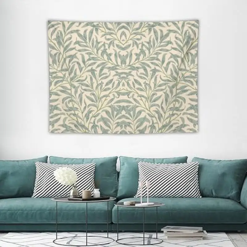 VIKAMA William Morris Green Leaf Symmetric Wall Tapestry Beige Blue Botanical Vine Pattern Vintage Art Nouveau Bedroom Living