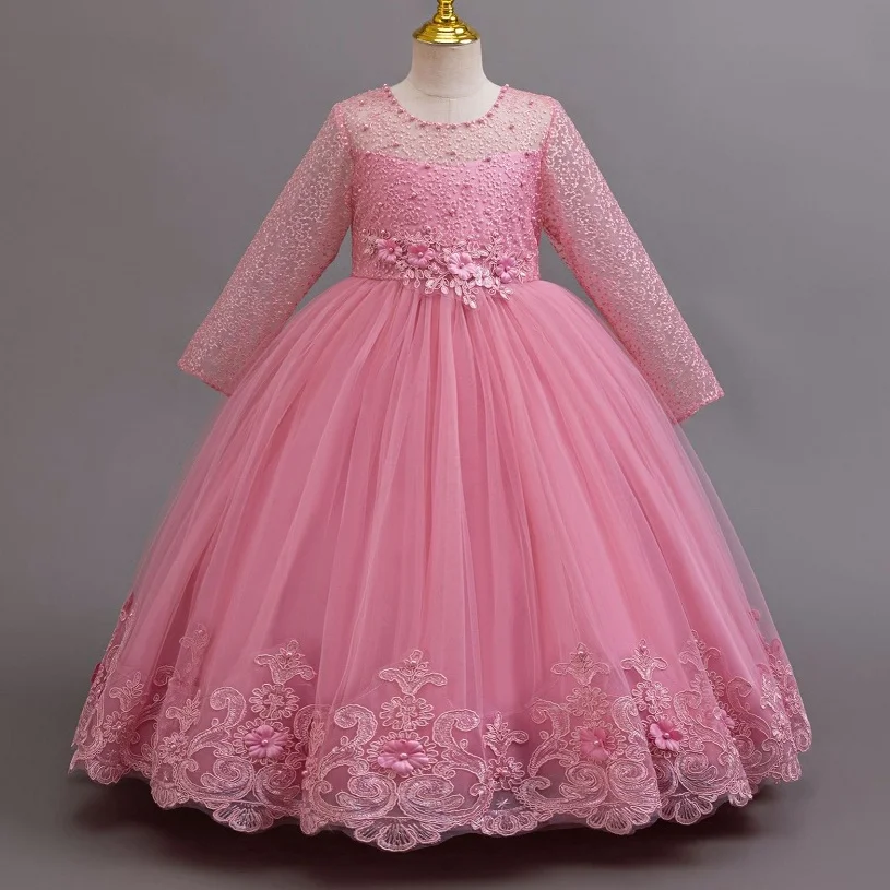 Girls lace long-sleeved princess dress 4-12 years old fashionable bow tutu skirt birthday party host stage catwalk evening dress image 2